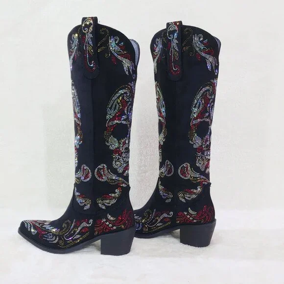 Muerto Country Western Cowgirl Boots Sparkling Iridescent Rhinestones Skull Red